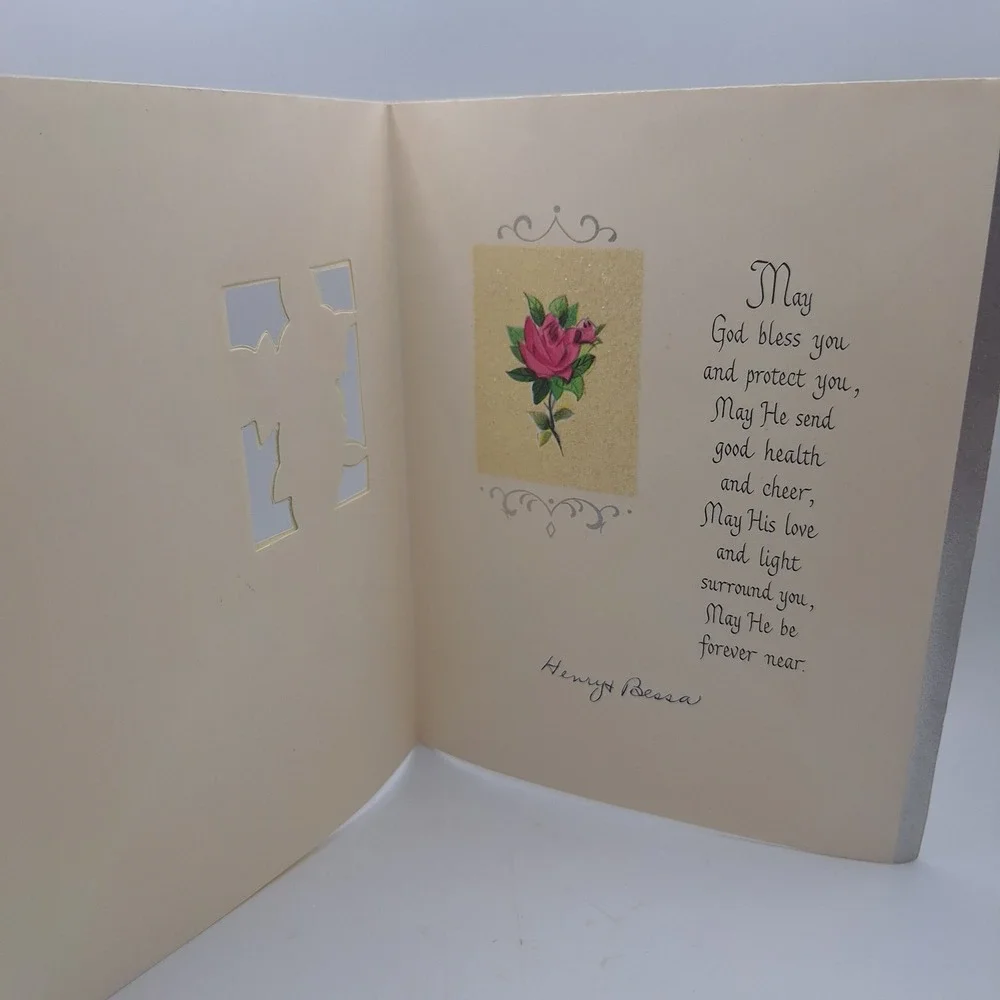Vintage Get Well Soon Card God Bless You Pink‎ Roses Pleasant Thoughts USA